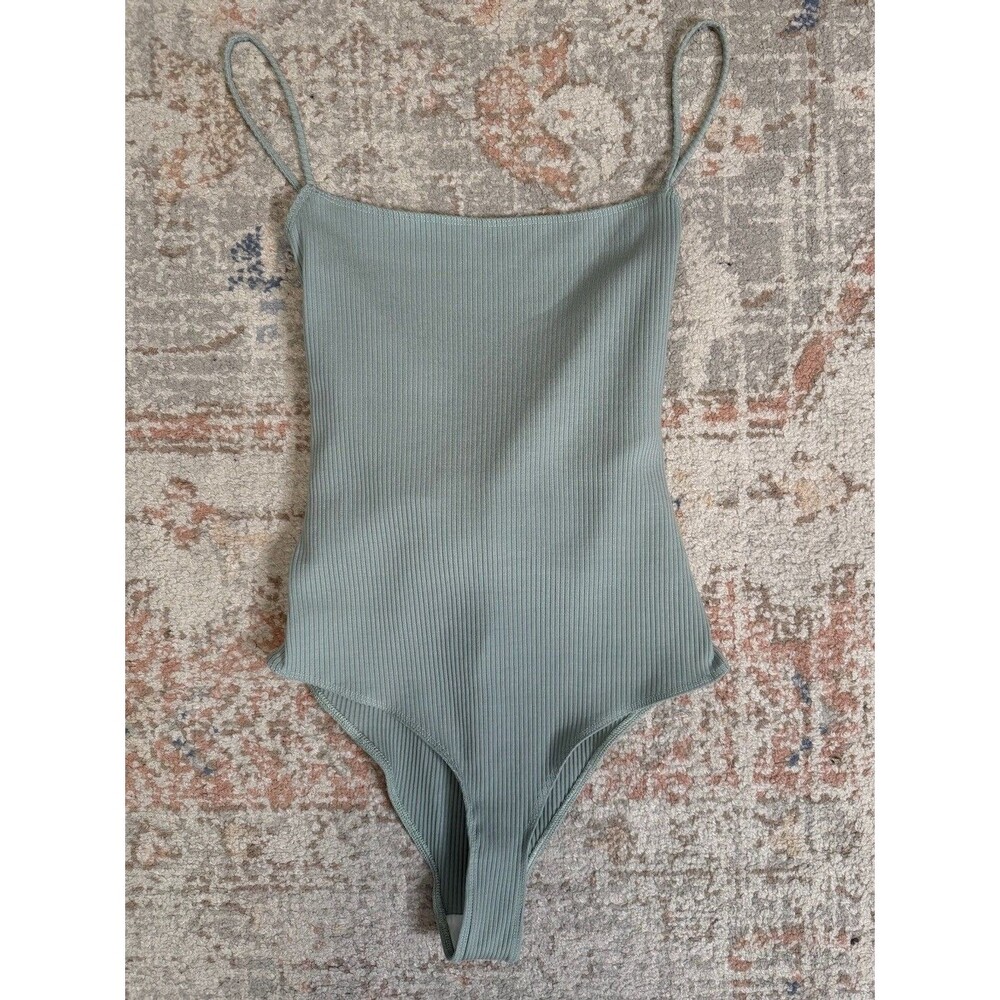 Reformation Lollie Bodysuit Celadon Sage Green Ribbed Open Twist Back Size S
